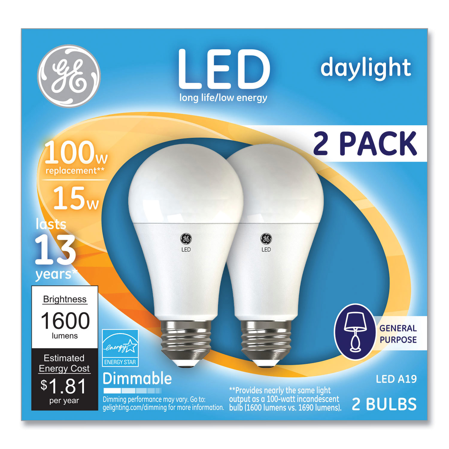 BULB,DL,100W,A19,2/PK