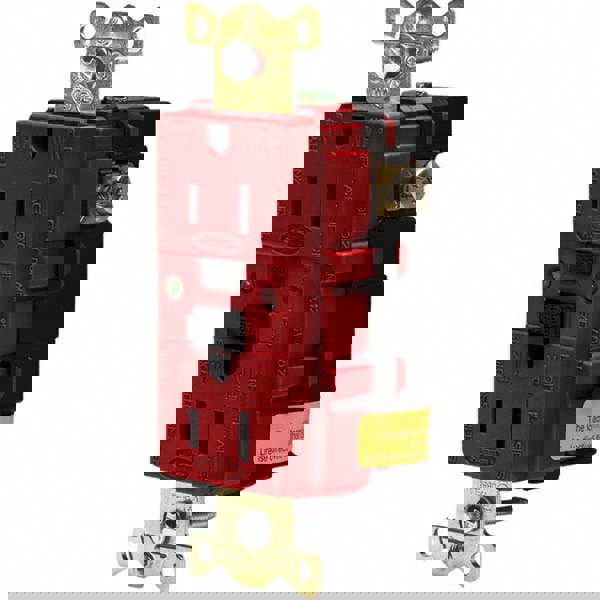 GFCI Receptacles; Grade: Industrial; Color: Red; NEMA Configuration: 5-15R; Amperage: 15; Reset Type: Manual; Voltage: 125 VAC; Wiring Method: Side; Back; Flange Style: No Flange; Resistance Features: Weather Resistant; Tamper Resistant; Number of Phases: