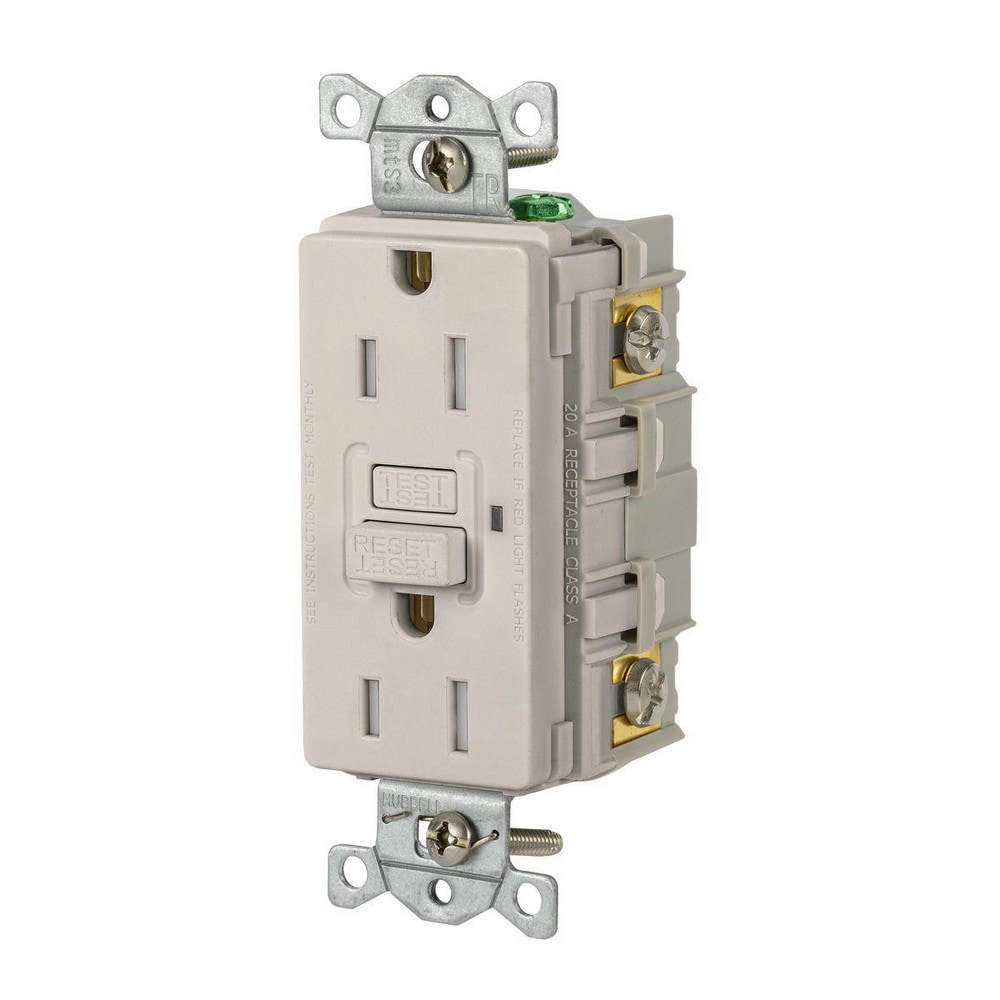 GFCI Receptacles; Grade: Commercial ; Receptacle Type: Duplex ; NEMA Configuration: 5-15R ; Wire Connection Type: Screw Terminals ; End Type: Socket ; Reset Type: Manual