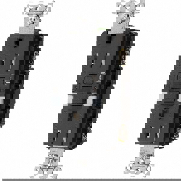 GFCI Receptacles; Grade: Commercial; Color: Black; NEMA Configuration: 5-15R; Amperage: 15; Reset Type: Manual; Voltage: 125 VAC; Wiring Method: Side; Back; Body Material: Thermoplastic Nylon; Flange Style: No Flange; Flange Included: No; Amperage: 15 A;