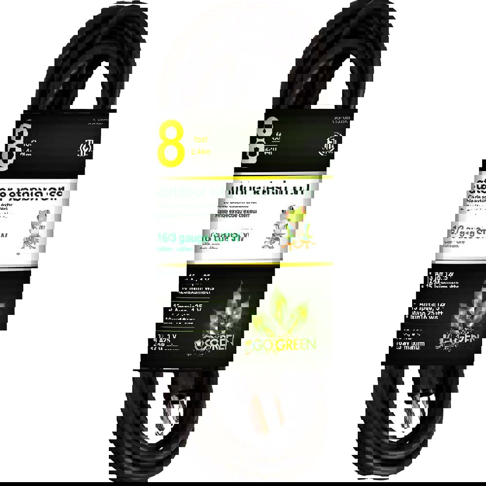 Power Cords; Cord Type: Extension Cord ; Overall Length (Feet): 8 ; Cord Color: Black ; Amperage: 13 ; Voltage: 125 ; Wire Gauge: 16