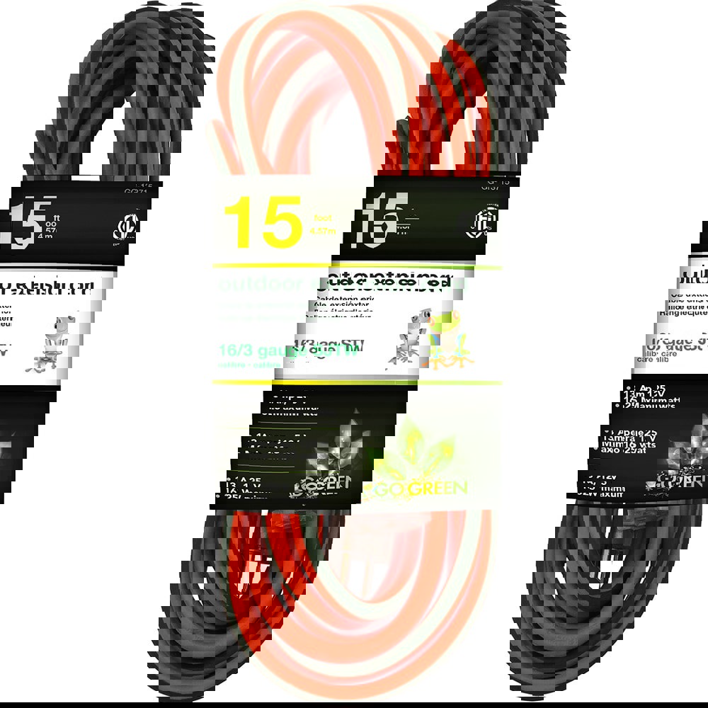 Power Cords; Cord Type: Extension Cord ; Overall Length (Feet): 15 ; Cord Color: Orange ; Amperage: 13 ; Voltage: 125 ; Wire Gauge: 16