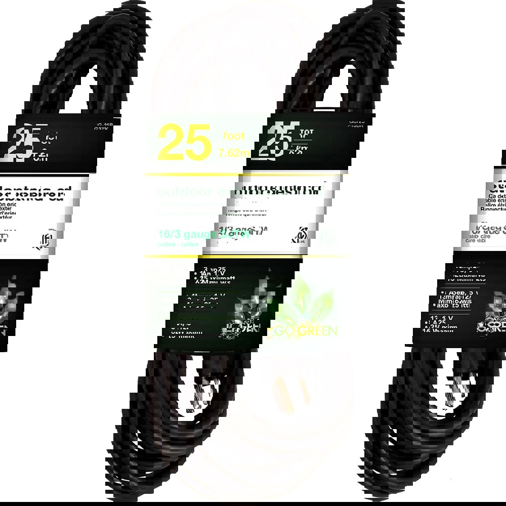 Power Cords; Cord Type: Extension Cord ; Overall Length (Feet): 25 ; Cord Color: Black ; Amperage: 13 ; Voltage: 125 ; Wire Gauge: 16