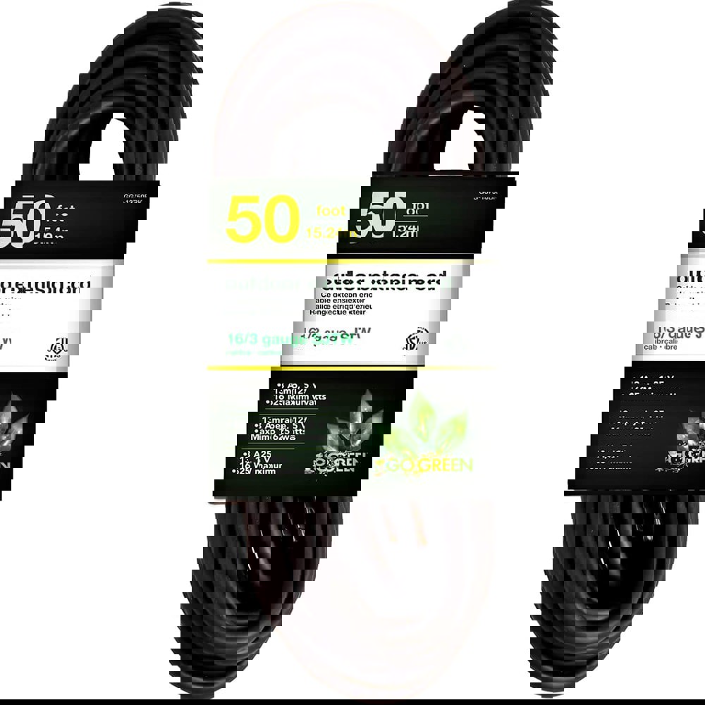 Power Cords; Cord Type: Extension Cord ; Overall Length (Feet): 50 ; Cord Color: Black ; Amperage: 13 ; Voltage: 125 ; Wire Gauge: 16