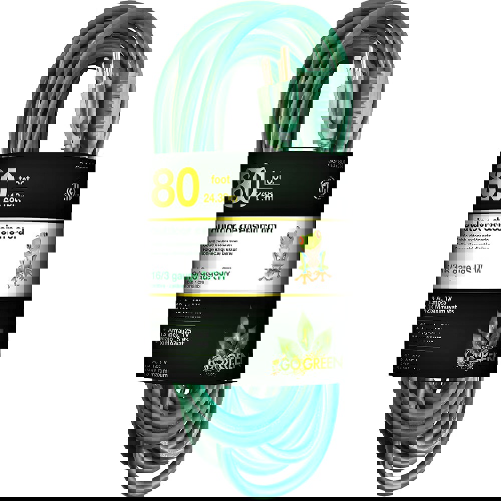 Power Cords; Cord Type: Extension Cord ; Overall Length (Feet): 80 ; Cord Color: Green ; Amperage: 13 ; Voltage: 125 ; Wire Gauge: 16