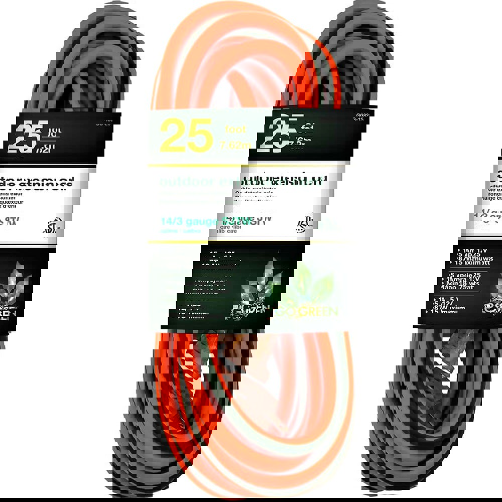 Power Cords; Cord Type: Extension Cord ; Overall Length (Feet): 25 ; Cord Color: Orange ; Amperage: 15 ; Voltage: 125 ; Wire Gauge: 14