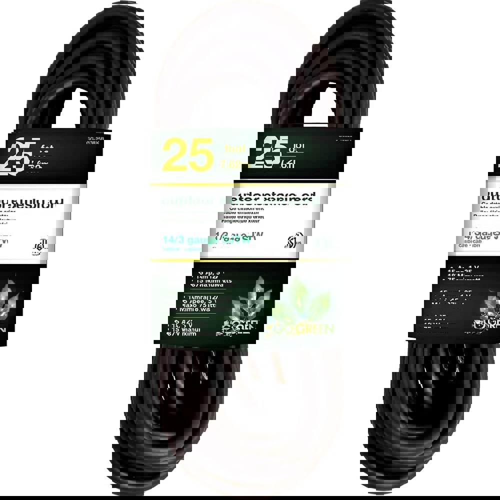 Power Cords; Cord Type: Extension Cord ; Overall Length (Feet): 25 ; Cord Color: Black ; Amperage: 15 ; Voltage: 125 ; Wire Gauge: 14