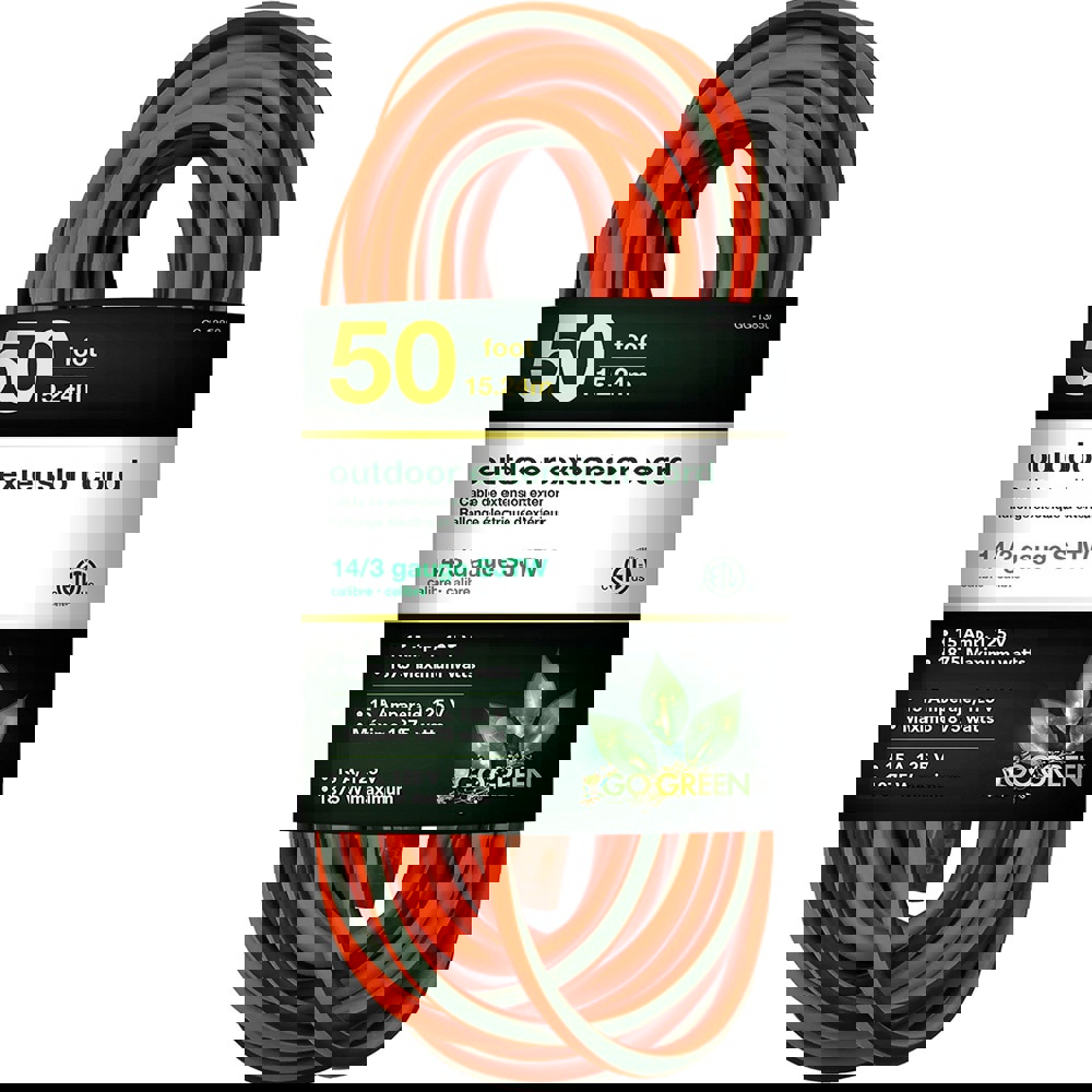 Power Cords; Cord Type: Extension Cord ; Overall Length (Feet): 50 ; Cord Color: Orange ; Amperage: 15 ; Voltage: 125 ; Wire Gauge: 14