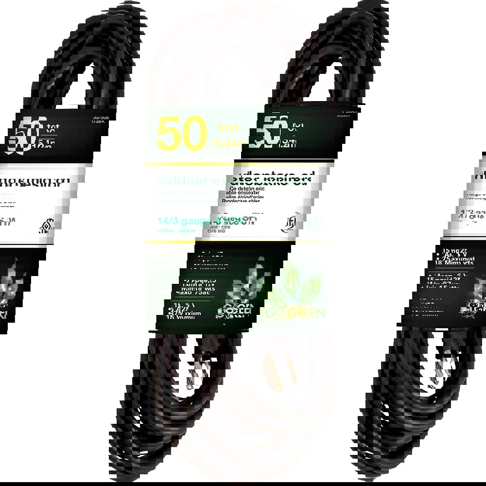 Power Cords; Cord Type: Extension Cord ; Overall Length (Feet): 50 ; Cord Color: Black ; Amperage: 15 ; Voltage: 125 ; Wire Gauge: 14