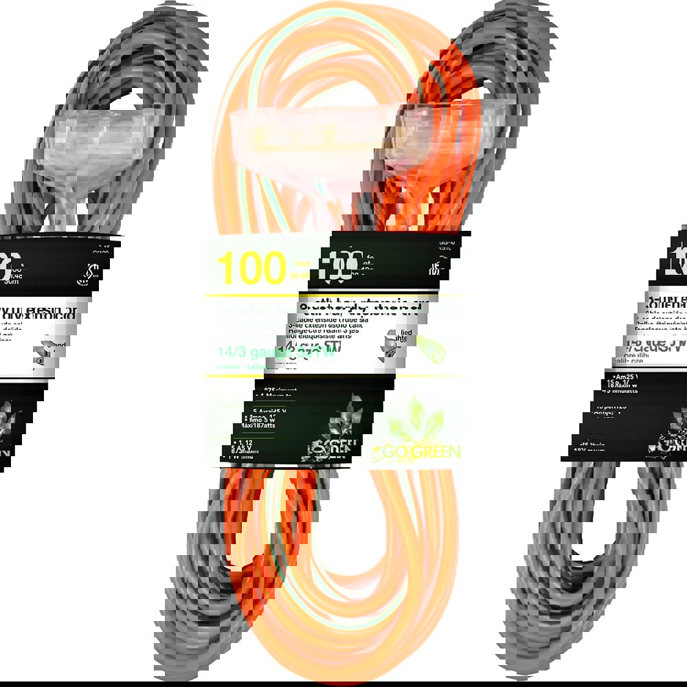 Power Cords; Cord Type: Extension Cord ; Overall Length (Feet): 100 ; Cord Color: Orange ; Amperage: 15 ; Voltage: 125 ; Wire Gauge: 14