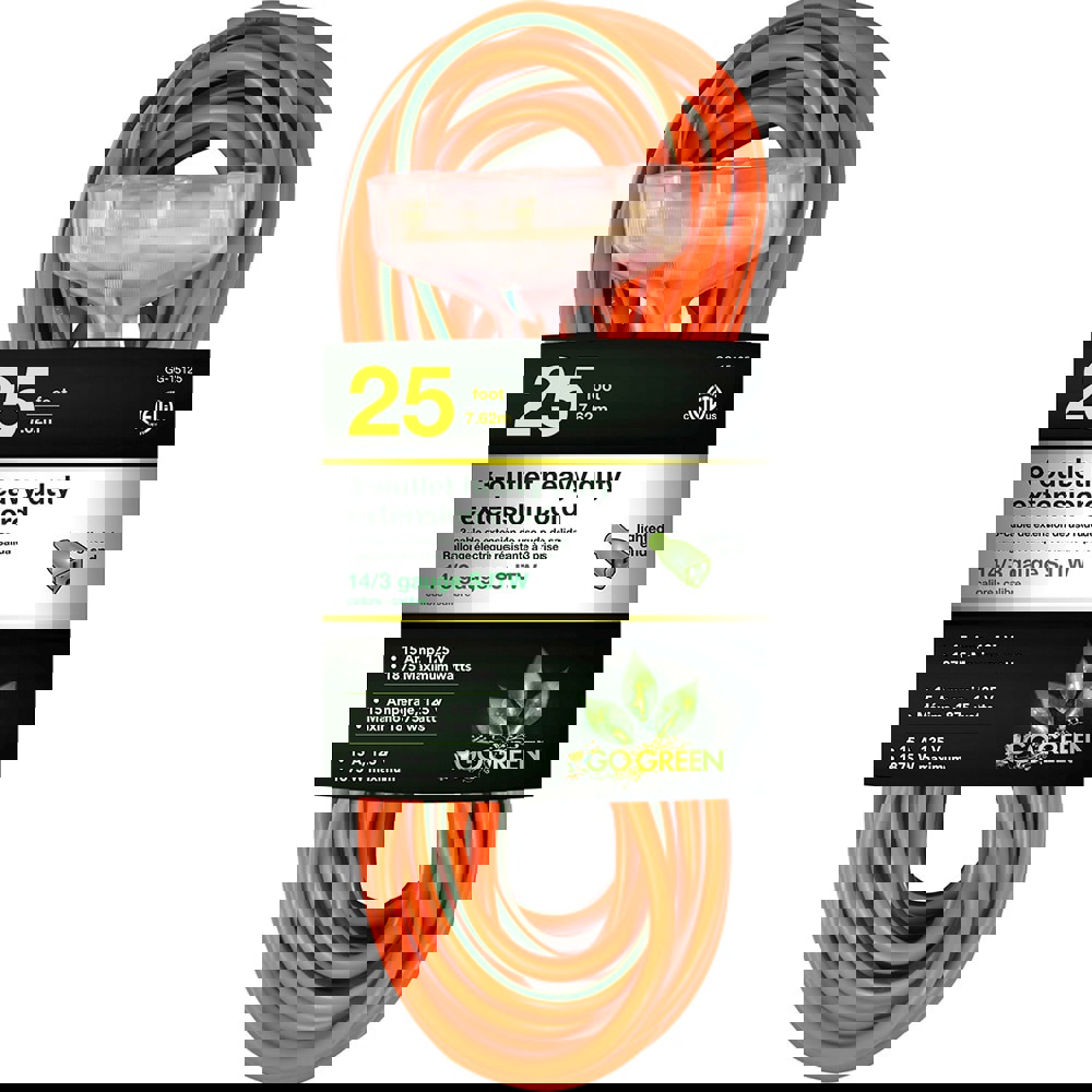 Power Cords; Cord Type: Extension Cord ; Overall Length (Feet): 25 ; Cord Color: Orange ; Amperage: 15 ; Voltage: 125 ; Wire Gauge: 14