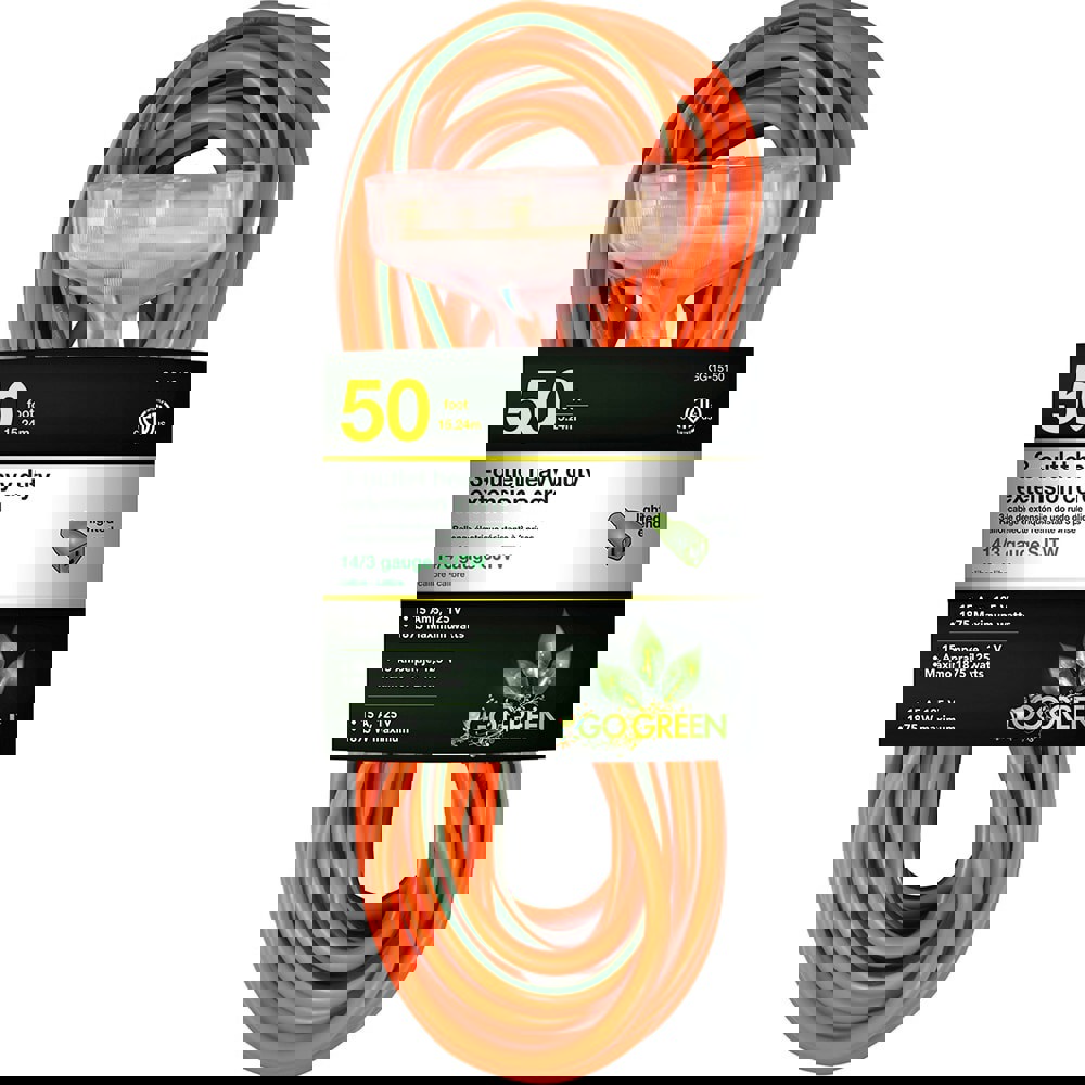 Power Cords; Cord Type: Extension Cord ; Overall Length (Feet): 50 ; Cord Color: Orange ; Amperage: 15 ; Voltage: 125 ; Wire Gauge: 14