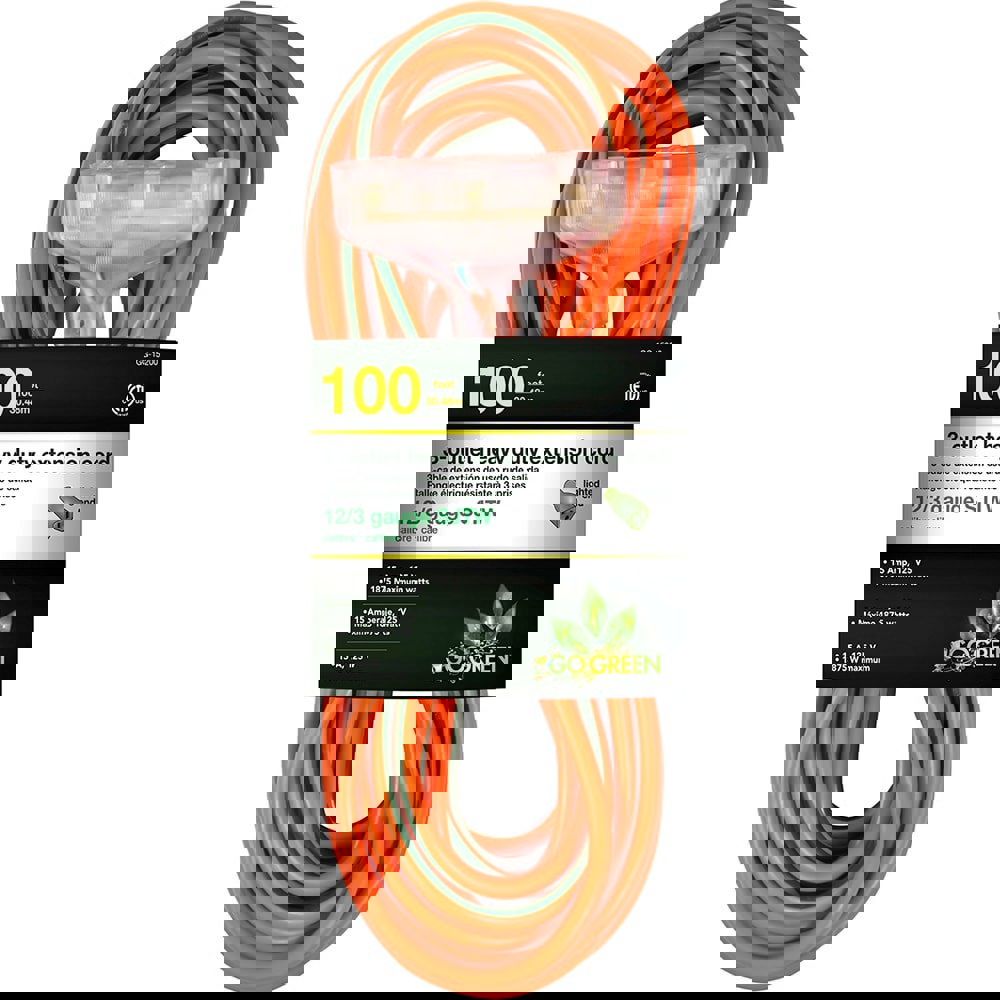 Power Cords; Cord Type: Extension Cord ; Overall Length (Feet): 100 ; Cord Color: Orange ; Amperage: 15 ; Voltage: 125 ; Wire Gauge: 12