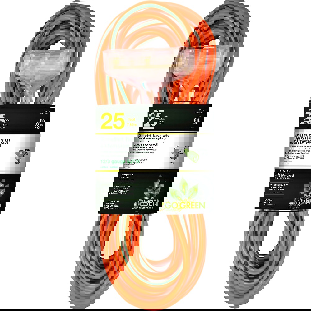 Power Cords; Cord Type: Extension Cord ; Overall Length (Feet): 25 ; Cord Color: Orange ; Amperage: 15 ; Voltage: 125 ; Wire Gauge: 12