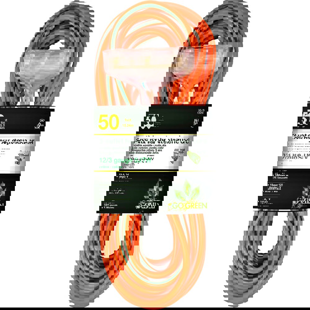 Power Cords; Overall Length (Feet): 20 ; Cord Color: Orange ; Amperage: 15 ; Voltage: 125 ; Wire Gauge: 12 ; Number Of Conductors: 3