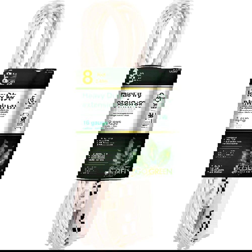 Power Cords; Cord Type: Extension Cord ; Overall Length (Feet): 8 ; Cord Color: White ; Amperage: 13 ; Voltage: 125 ; Wire Gauge: 16