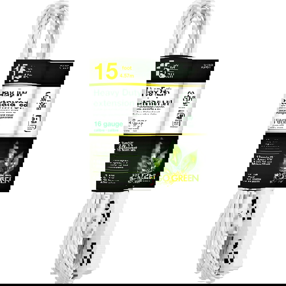 Power Cords; Cord Type: Extension Cord ; Overall Length (Feet): 15 ; Cord Color: White ; Amperage: 13 ; Voltage: 125 ; Wire Gauge: 16