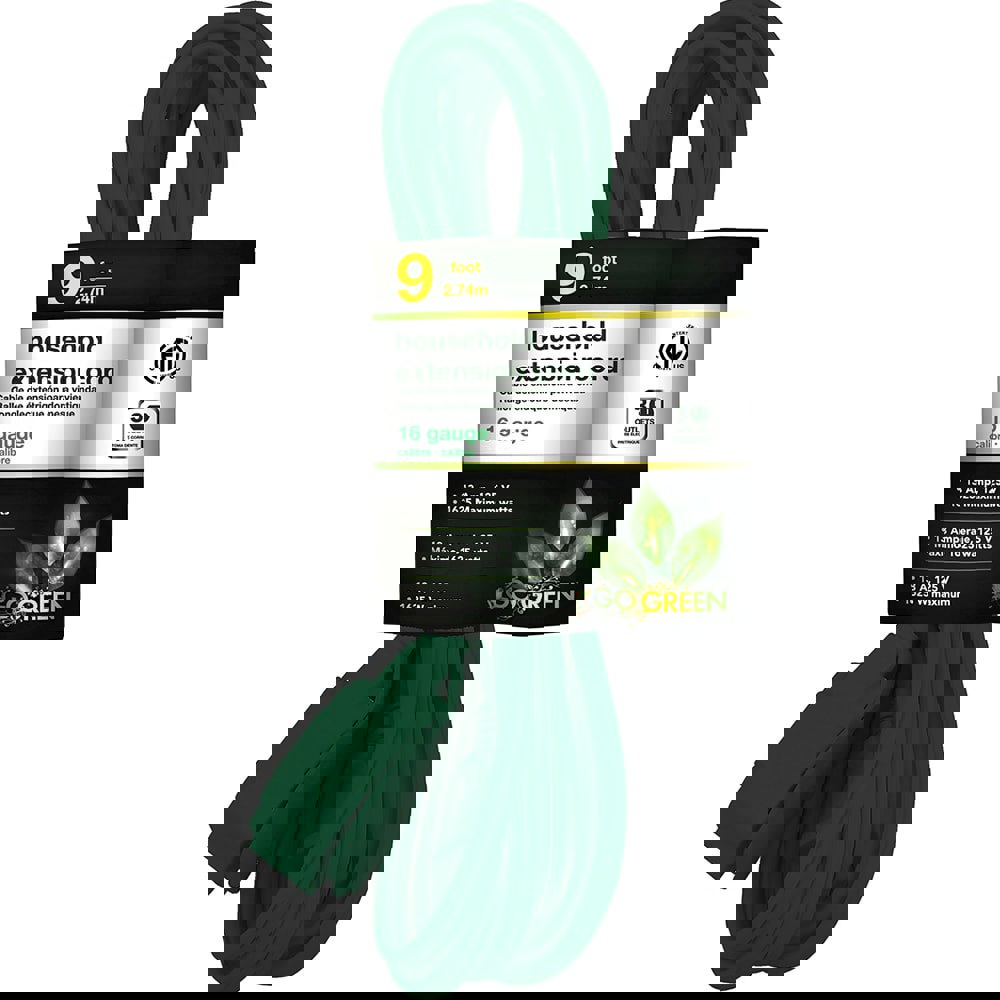 Power Cords; Cord Type: Extension Cord ; Overall Length (Feet): 9 ; Cord Color: Green ; Amperage: 13 ; Voltage: 125 ; Wire Gauge: 16