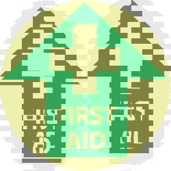 First Aid Adhesive Backed Floor Sign: Round, Polyester, ''First Aid''