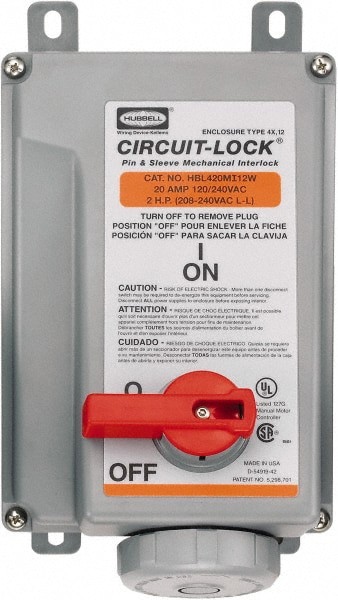 1 Phase, 125/250 VAC, 20 Amp, 2 hp, Interlock Receptacle