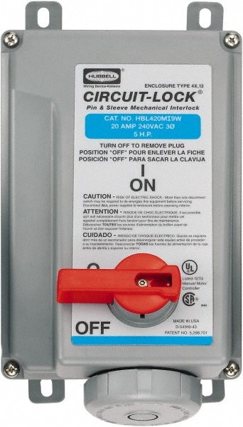 3 Phase, 250 VAC, 20 Amp, 5 hp, 4 Pin Configuration, Interlock Receptacle
