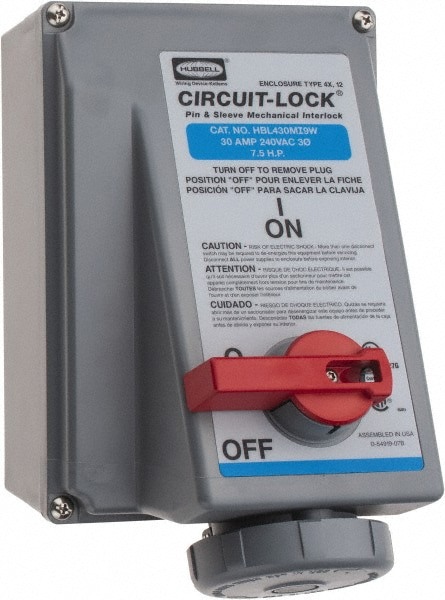 3 Phase, 250 VAC, 30 Amp, 7-1/2 hp, 4 Pin Configuration, Interlock Receptacle