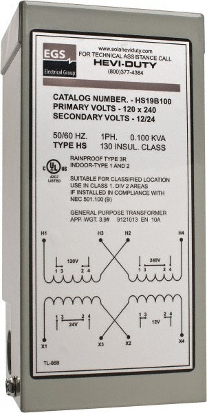 120/240 Input Volt, 12/24 Output Volt, 60 Hz, Buck Boost Transformer