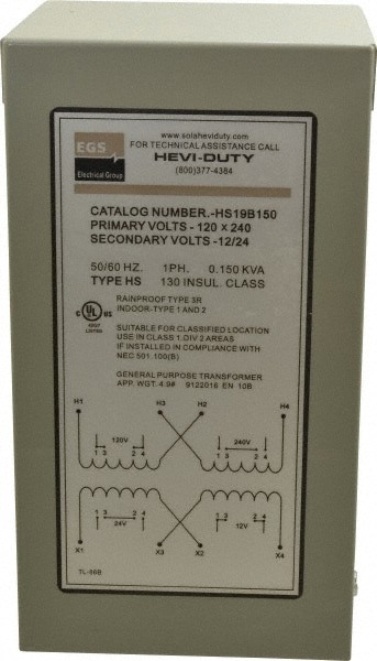 120/240 Input Volt, 12/24 Output Volt, 60 Hz, Buck Boost Transformer