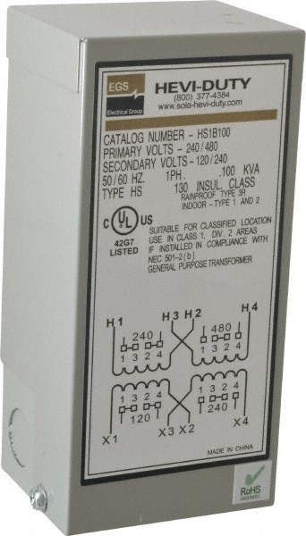 1 Phase, 240-480 Volt Input, 120/240 Volt Output, 60 Hz, 0.1 kVA, General Purpose Transformer