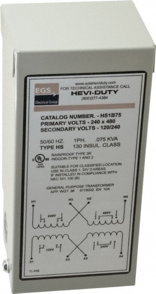 1 Phase, 240-480 Volt Input, 120/240 Volt Output, 60 Hz, 0.08 kVA, General Purpose Transformer