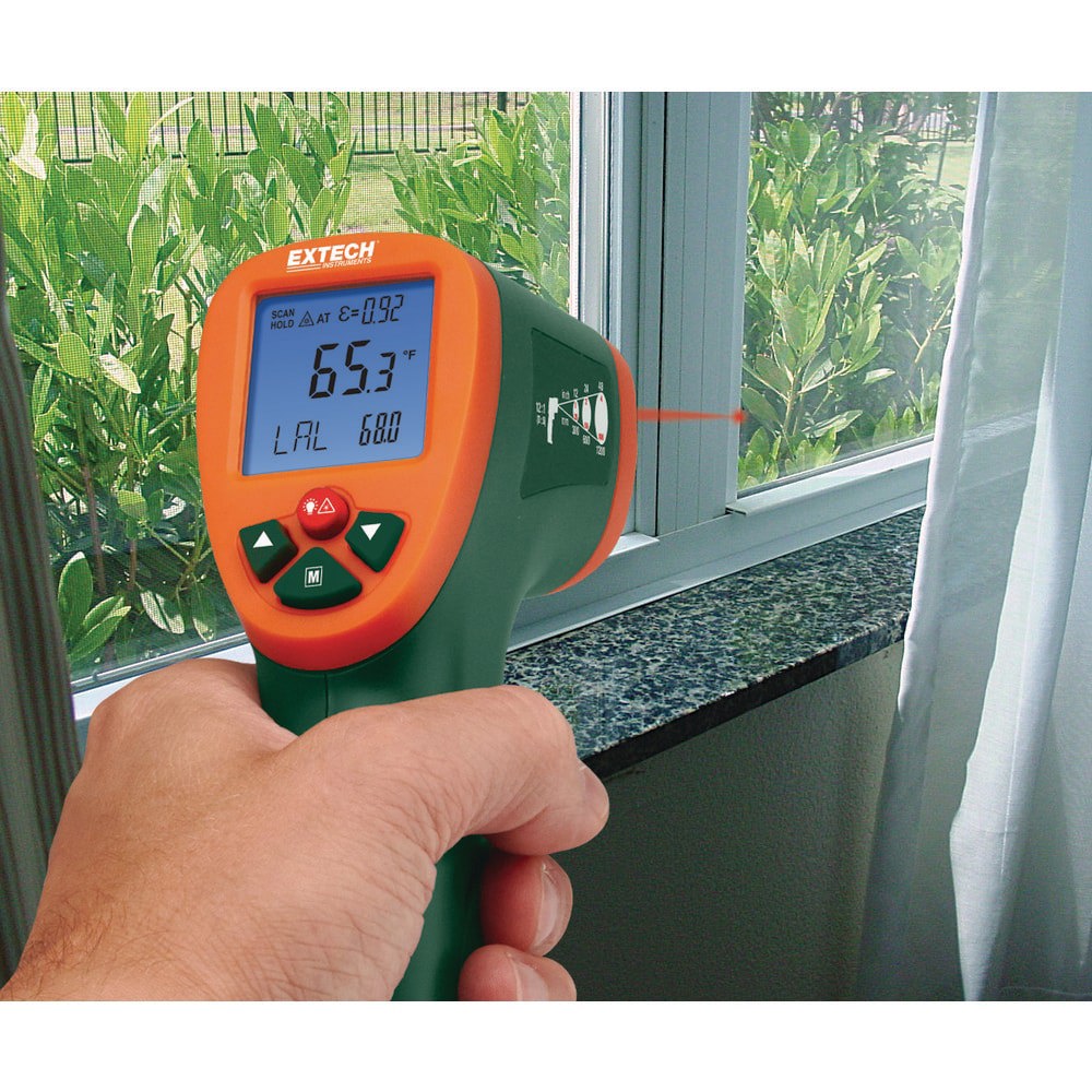 Infrared Thermometers; Display Type: LCD ; Accuracy: 11% ; Compatible Surface Type: Dark; Light; Shiny; Dull; Concrete ; Number Of Batteries: 1 ; Battery Size: 9V ; Distance to Spot Ratio: 12:1