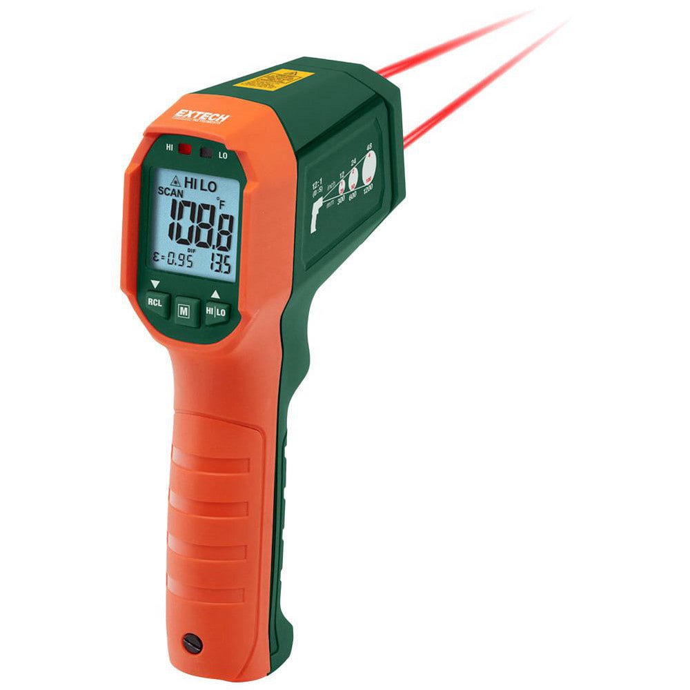 Infrared Thermometers; Display Type: LCD ; Accuracy: 12% ; Compatible Surface Type: Dark; Light; Shiny; Dull; Concrete ; Number Of Batteries: 1 ; Battery Size: 9V ; Distance to Spot Ratio: 12:1