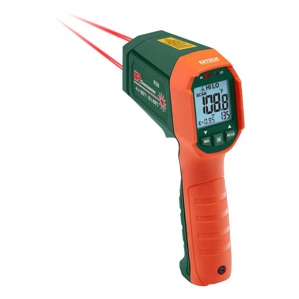 Infrared Thermometers; Display Type: LCD ; Accuracy: 12% ; Compatible Surface Type: Dark; Light; Shiny; Dull; Concrete ; Number Of Batteries: 1 ; Battery Size: 9V ; Distance to Spot Ratio: 12:1
