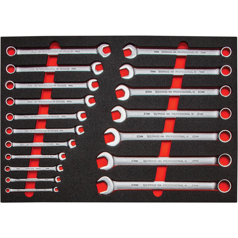 Wrench Sets; System Of Measurement: Metric ; Container Type: Foam Inserts ; Wrench Size: 7 mm; 8 mm; 9 mm; 10 mm; 11 mm; 12 mm; 13 mm; 14 mm; 15 mm; 16 mm; 17 mm; 18 mm; 19 mm; 20 mm; 21 mm; 22 mm; 23 mm; 24 mm ; Material: Alloy Steel ; Non-sparking: No