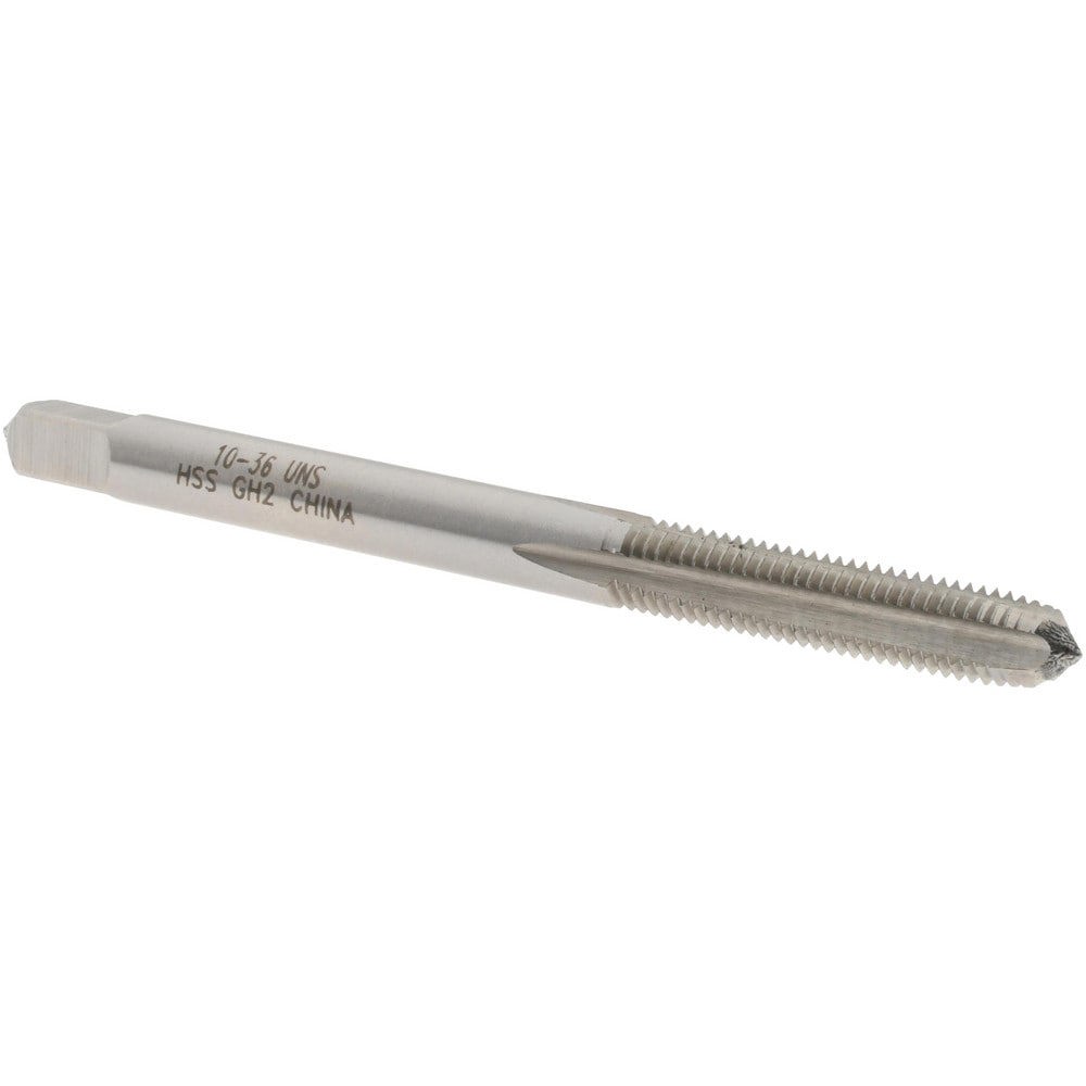 Straight Flute Tap: #10-36 UNS, 4 Flutes, Plug, 3B Class of Fit, High Speed Steel, Bright/Uncoated