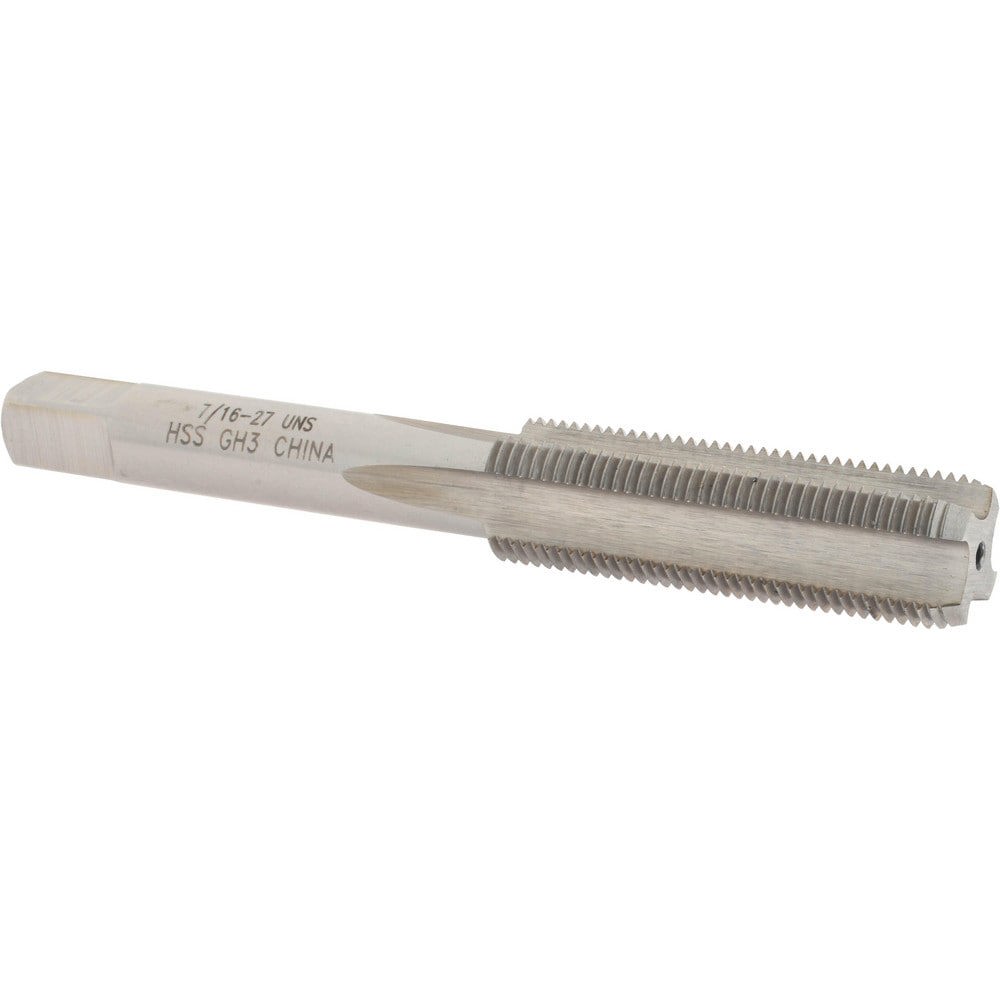 Straight Flute Tap: 7/16-27 UNS, 4 Flutes, Bottoming, 3B Class of Fit, High Speed Steel, Bright/Uncoated