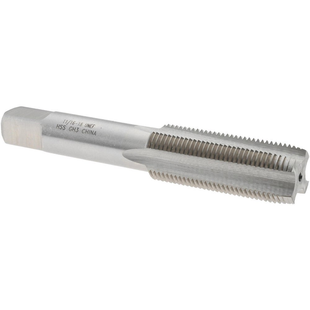 Straight Flute Tap: 11/16-18 UNEF, 4 Flutes, Plug, 3B Class of Fit, High Speed Steel, Bright/Uncoated
