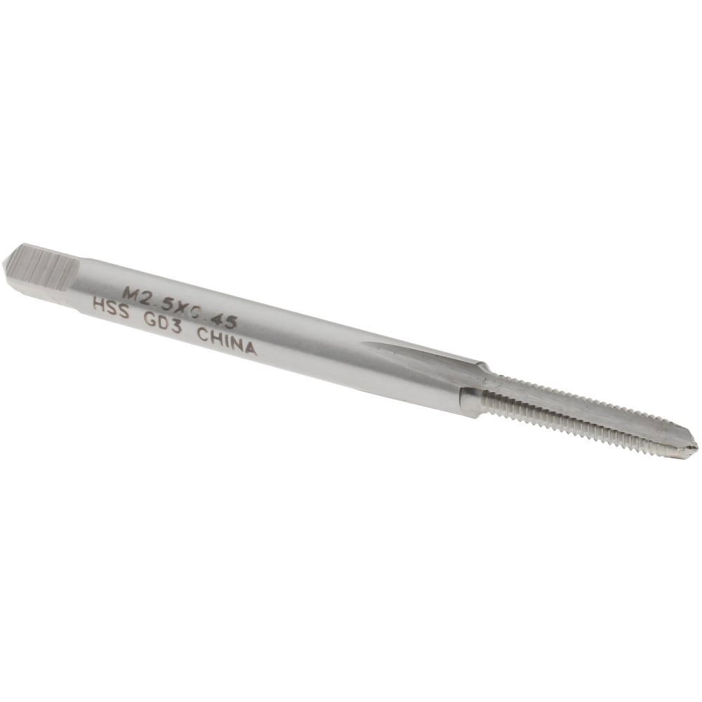 Straight Flute Tap: M2.5x0.45 Metric Coarse, 3 Flutes, Plug, 6H Class of Fit, High Speed Steel, Bright/Uncoated