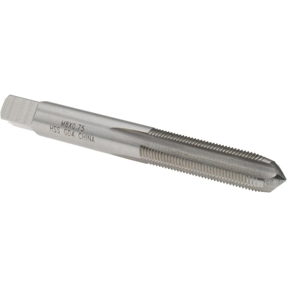 Straight Flute Tap: M8x0.75 Metric Fine, 4 Flutes, Plug, High Speed Steel, Bright/Uncoated