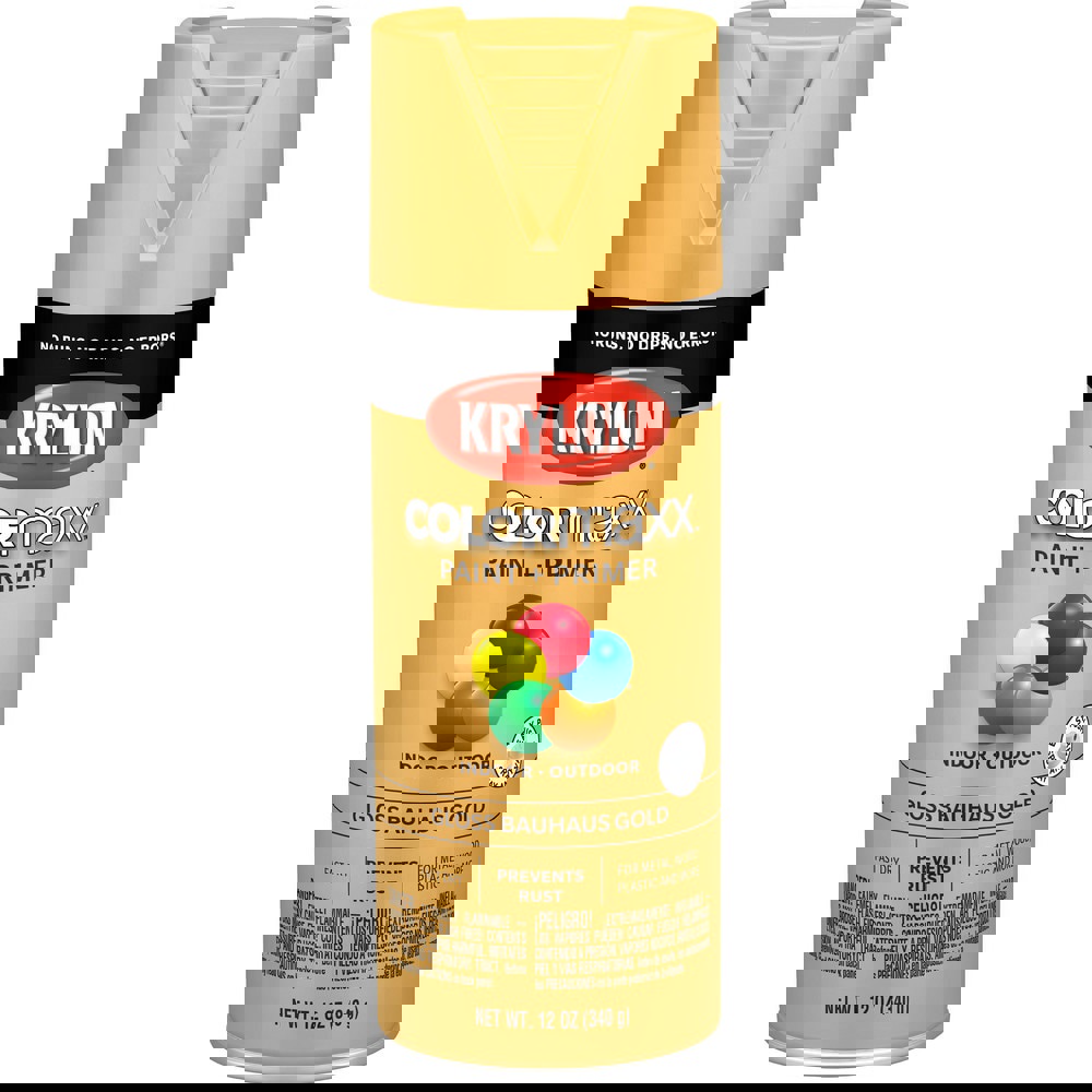 Spray Paints; Product Type: Acrylic Enamel ; Color: Bauhaus Gold ; Finish: Gloss ; Color Family: Gold ; Container Size (oz.): 12.000 ; Application: Wood; Metal; Wicker; Papier-Mache; Glass; Plaster; Ceramic; Fabric; Paper Surfaces