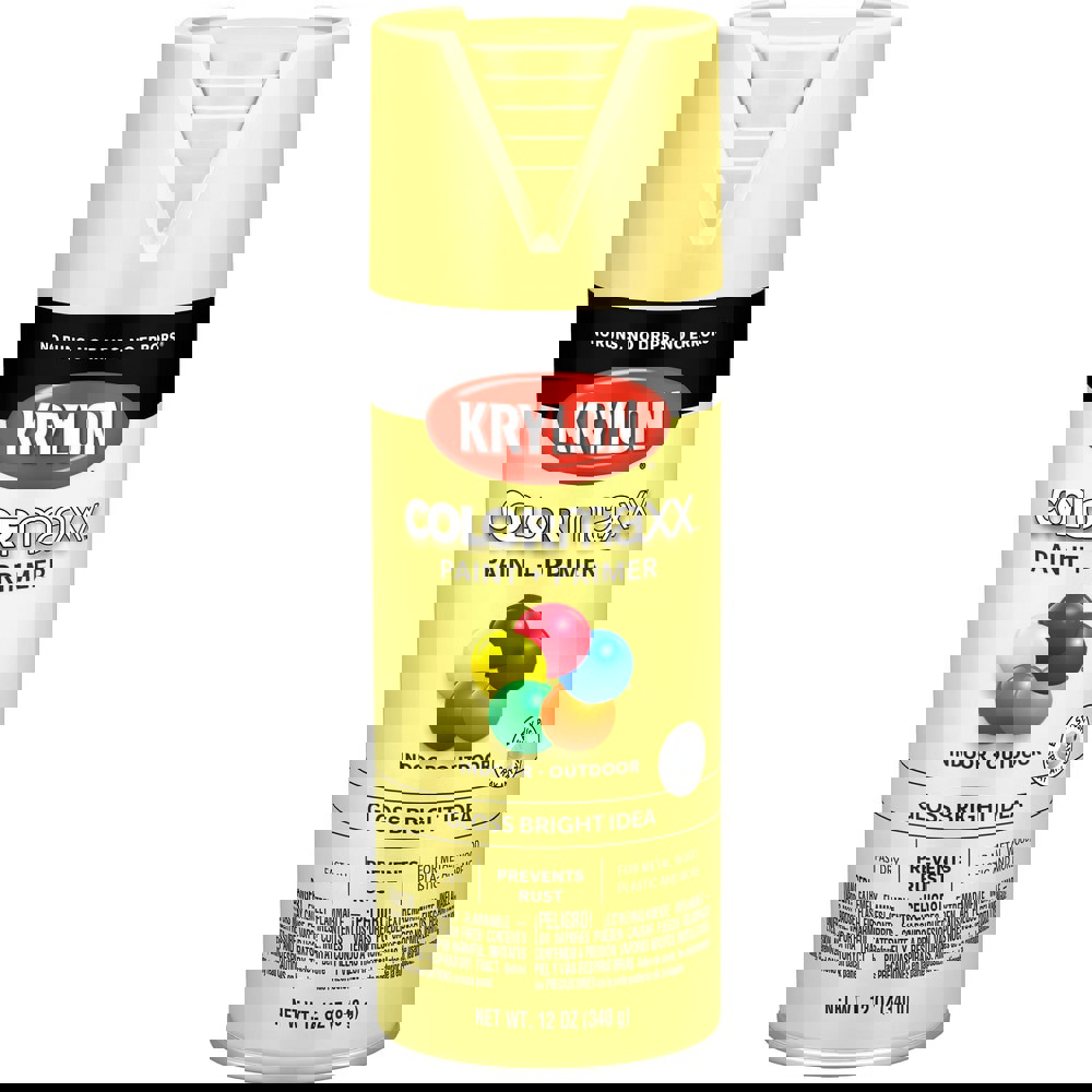 Spray Paints; Product Type: Acrylic Enamel ; Color: Bright Idea ; Finish: Gloss ; Color Family: Yellow ; Container Size (oz.): 12.000 ; Application: Wood; Metal; Wicker; Papier-Mache; Glass; Plaster; Ceramic; Fabric; Paper Surfaces