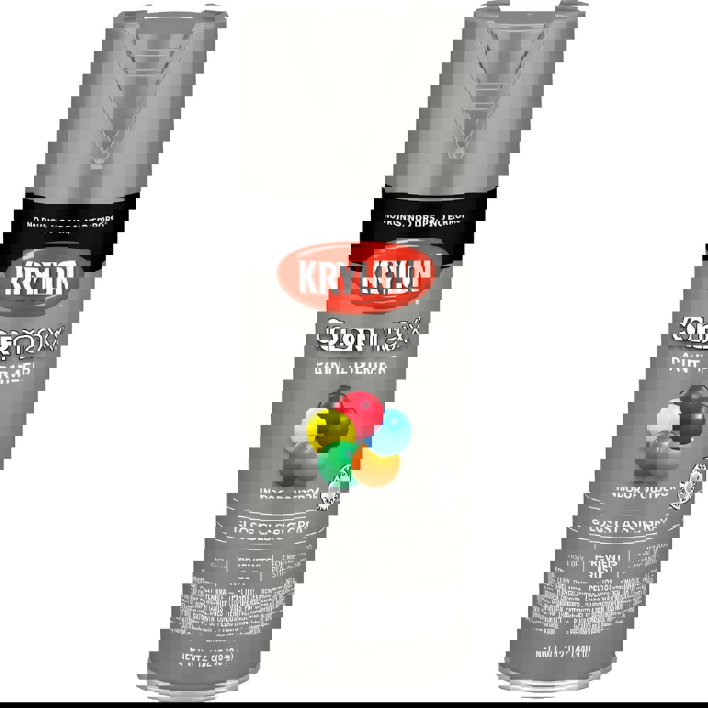 Spray Paints; Product Type: Acrylic Enamel ; Color: Classic Gray ; Finish: Gloss ; Color Family: Gray ; Container Size (oz.): 12.000 ; Application: Wood; Metal; Wicker; Papier-Mache; Glass; Plaster; Ceramic; Fabric; Paper Surfaces