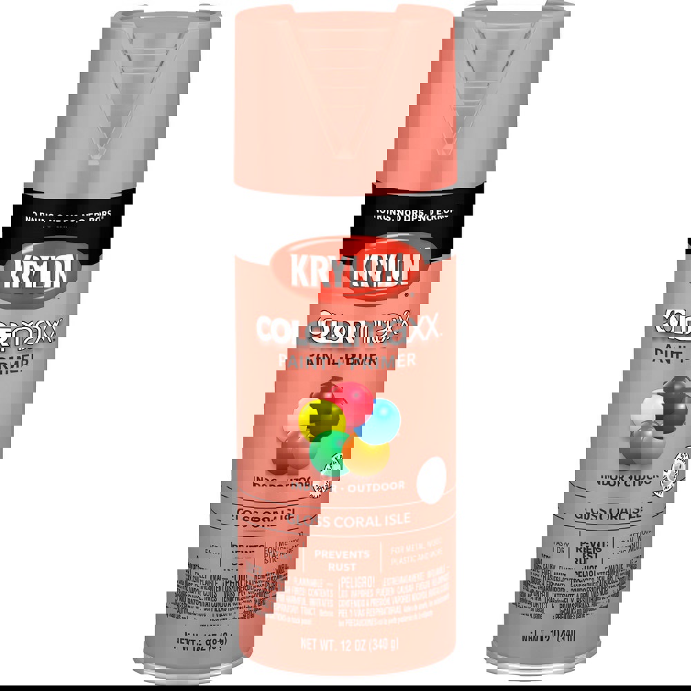 Spray Paints; Product Type: Acrylic Enamel ; Color: Coral Isle ; Finish: Gloss ; Color Family: Red ; Container Size (oz.): 12.000 ; Application: Wood; Metal; Wicker; Papier-Mache; Glass; Plaster; Ceramic; Fabric; Paper Surfaces