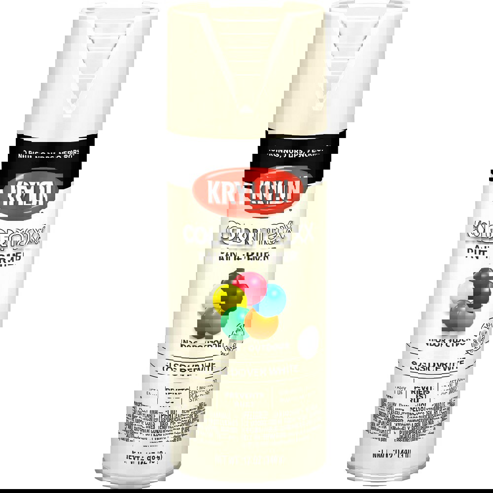 Spray Paints; Product Type: Acrylic Enamel ; Color: Dover White ; Finish: Gloss ; Color Family: White ; Container Size (oz.): 12.000 ; Application: Wood; Metal; Wicker; Papier-Mache; Glass; Plaster; Ceramic; Fabric; Paper Surfaces