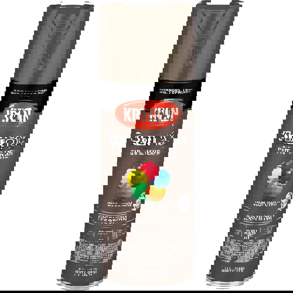 Spray Paints; Product Type: Acrylic Enamel ; Color: Equestrian ; Finish: Gloss ; Color Family: Brown ; Container Size (oz.): 12.000 ; Application: Wood; Metal; Wicker; Papier-Mache; Glass; Plaster; Ceramic; Fabric; Paper Surfaces