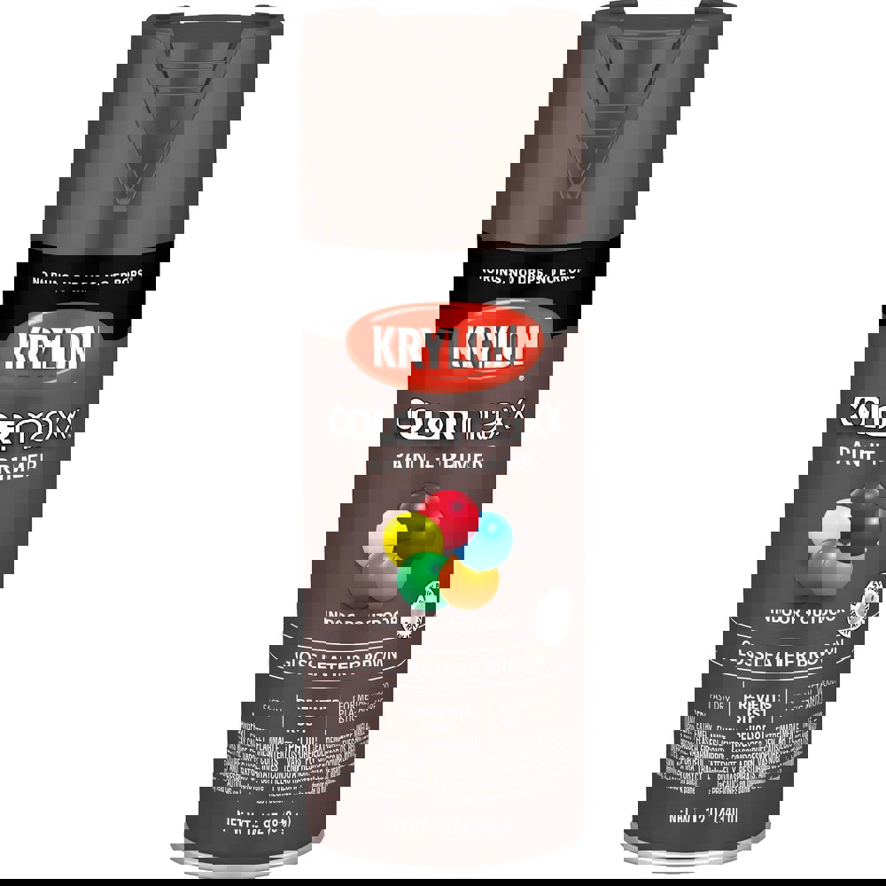 Spray Paints; Product Type: Acrylic Enamel ; Color: Leather Brown ; Finish: Gloss ; Color Family: Brown ; Container Size (oz.): 12.000 ; Application: Wood; Metal; Wicker; Papier-Mache; Glass; Plaster; Ceramic; Fabric; Paper Surfaces