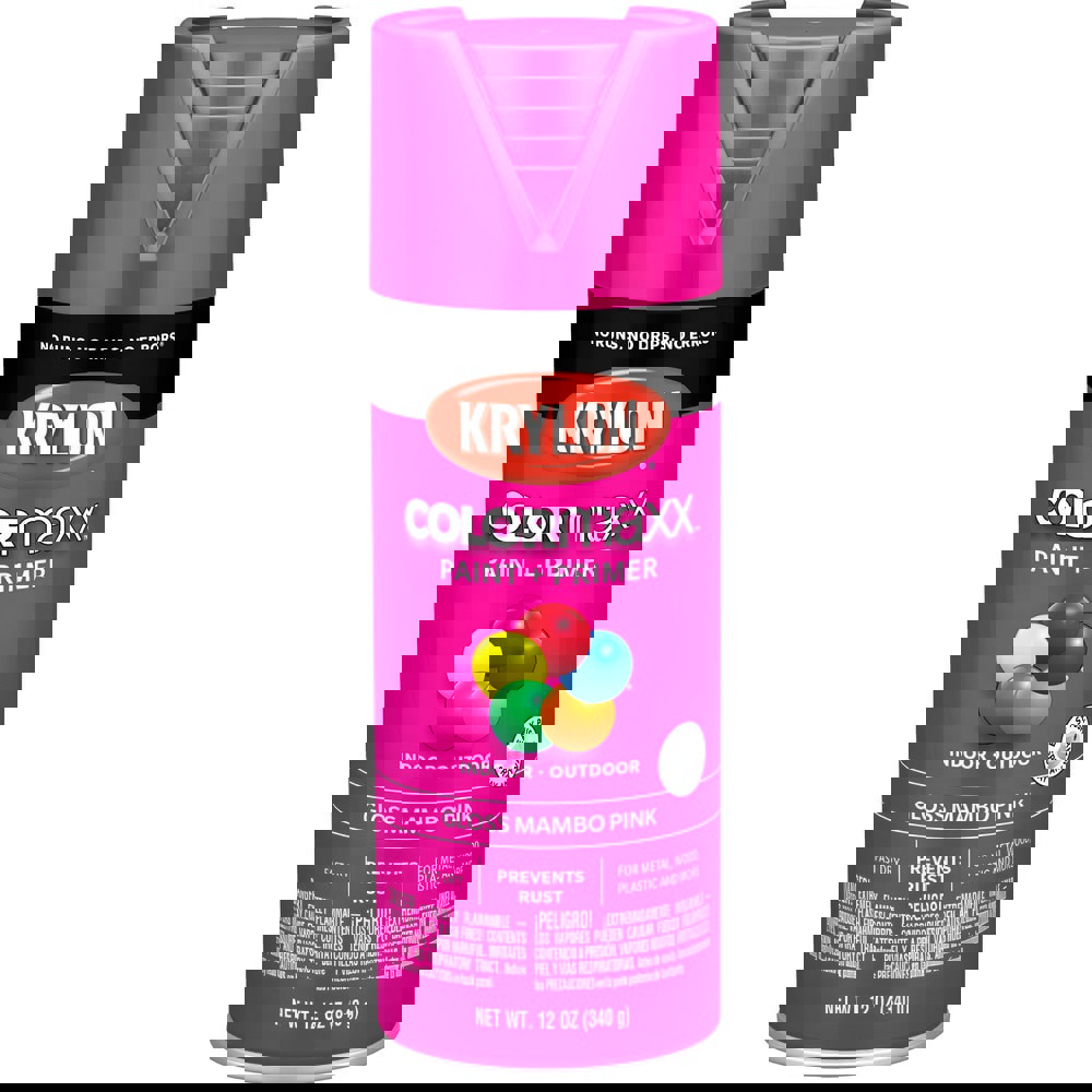 Spray Paints; Product Type: Acrylic Enamel ; Color: Mambo Pink ; Finish: Gloss ; Color Family: Pink ; Container Size (oz.): 12.000 ; Application: Wood; Metal; Wicker; Papier-Mache; Glass; Plaster; Ceramic; Fabric; Paper Surfaces