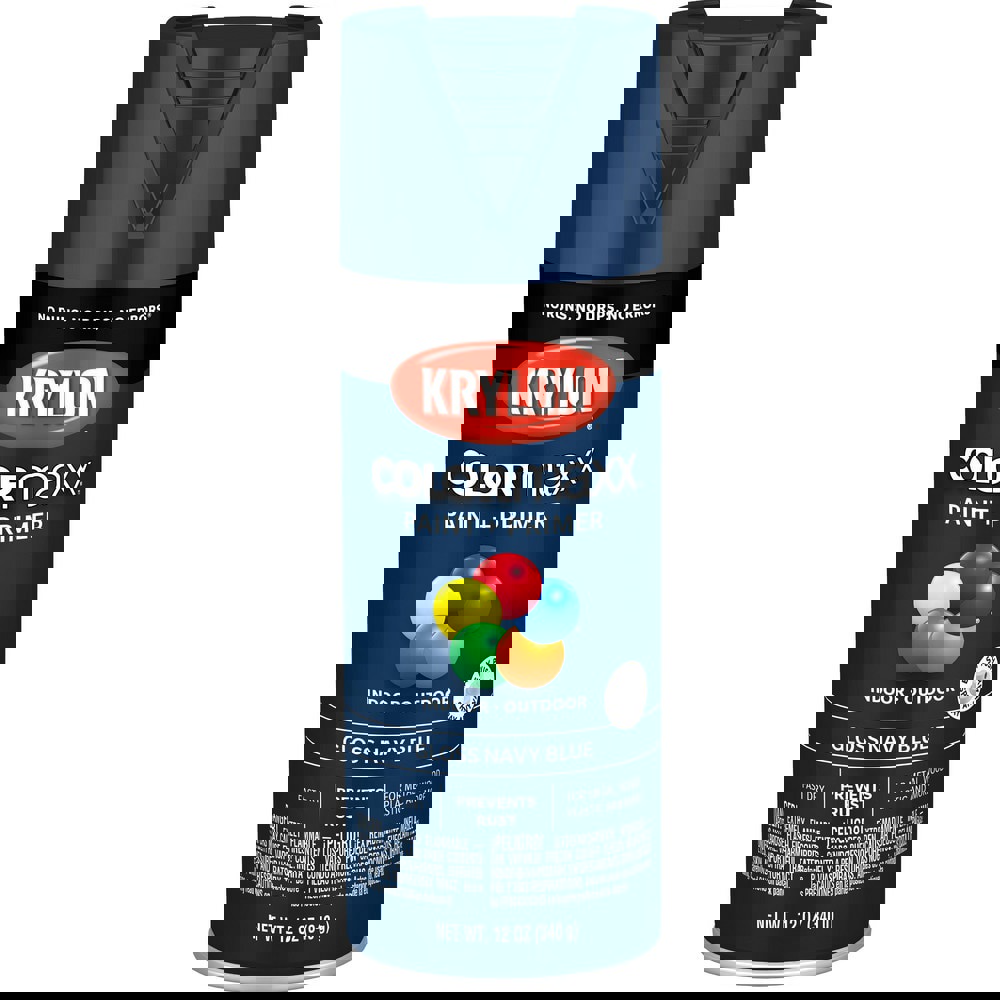 Spray Paints; Product Type: Acrylic Enamel ; Color: Navy Blue ; Finish: Gloss ; Color Family: Blue ; Container Size (oz.): 12.000 ; Application: Wood; Metal; Wicker; Papier-Mache; Glass; Plaster; Ceramic; Fabric; Paper Surfaces