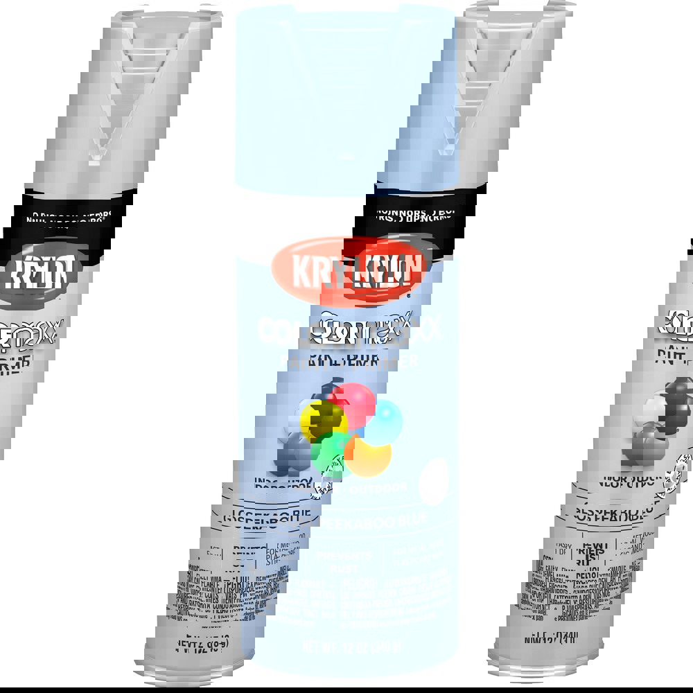 Spray Paints; Product Type: Acrylic Enamel ; Color: Peekaboo Blue ; Finish: Gloss ; Color Family: Blue ; Container Size (oz.): 12.000 ; Application: Wood; Metal; Wicker; Papier-Mache; Glass; Plaster; Ceramic; Fabric; Paper Surfaces