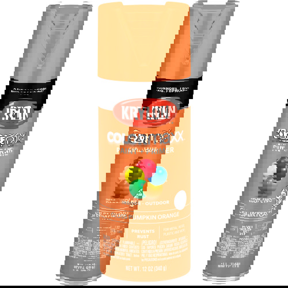 Spray Paints; Product Type: Acrylic Enamel ; Color: Pumpkin Orange ; Finish: Gloss ; Color Family: Orange ; Container Size (oz.): 12.000 ; Application: Wood; Metal; Wicker; Papier-Mache; Glass; Plaster; Ceramic; Fabric; Paper Surfaces